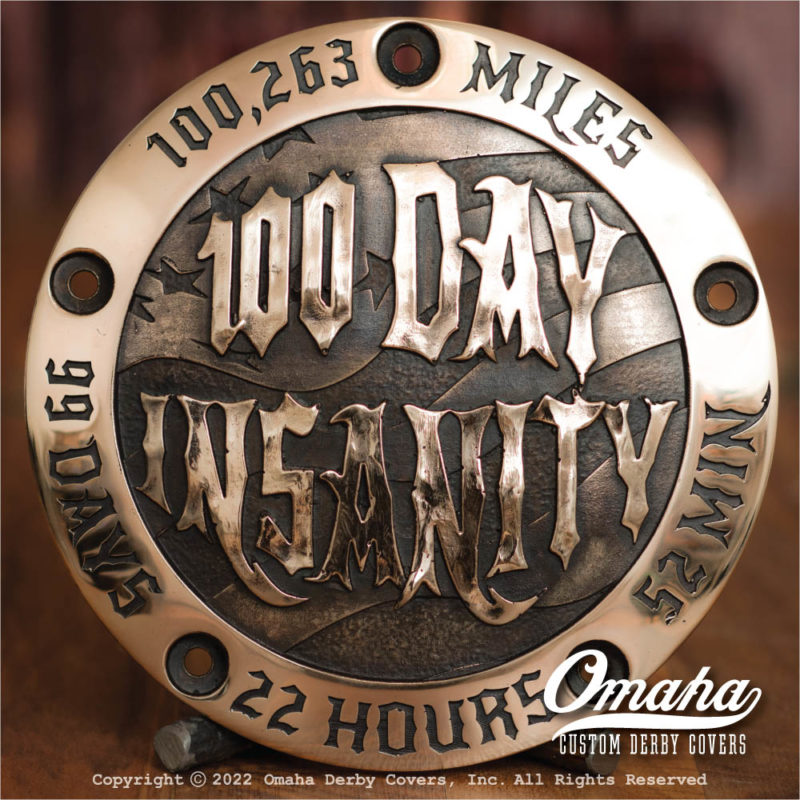 Photo of custom harley davidson derby cover with 100 day insanity design