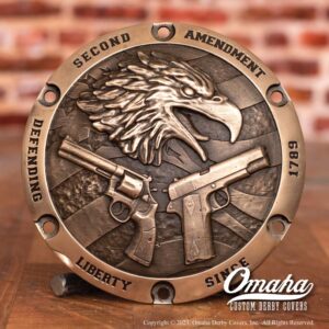 Custom derby cover for harley davidson motorcycle cast bronze with second amendment design