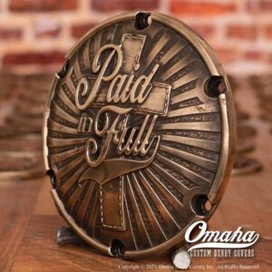 custom derby cover for harley davidson sportster model. Cast bronze. Christian theme.
