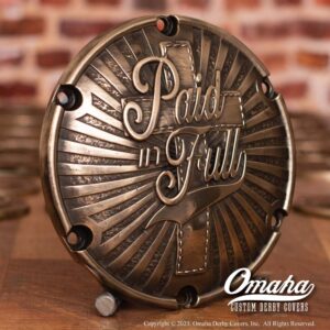 custom derby cover for harley davidson sportster model. Cast bronze. Christian theme.