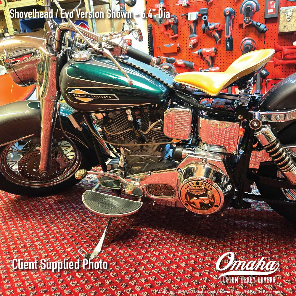 Harley-Davidson Shovelhead motorcycle with custom derby cover installed