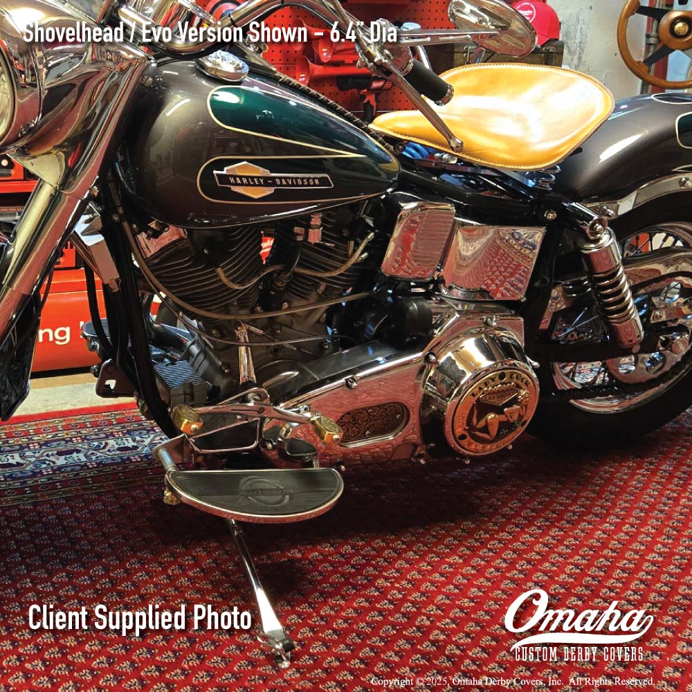 Harley-Davidson Shovelhead motorcycle with custom derby cover installed