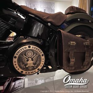 Harley Davidson motorcycle with custom derby cover made from cast bronze with US Army insignia design