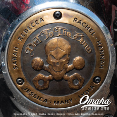 Photo of custom harley davidson derby cover with skull and bones Dad to the Bone design