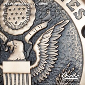 Custom sculpted bronze derby cover for Harley-Davidson motorcycle with US Army Insignia design