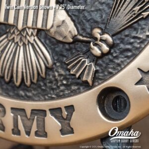 Custom sculpted bronze derby cover for Harley-Davidson motorcycle with US Army Insignia design