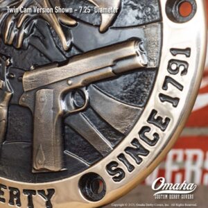Second Amendment custom derby cover for harley-davidson with eagle and pistols design
