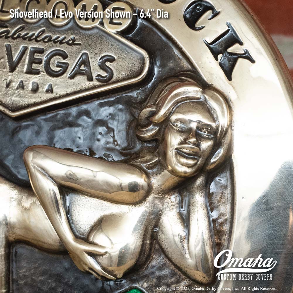 Custom derby cover for Harley-Davidson motorcycle with Las Vegas Lady Luck theme