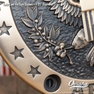 Custom sculpted bronze derby cover for Harley-Davidson motorcycle with US Army Insignia design