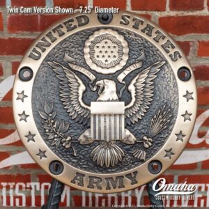 Custom sculpted bronze derby cover for Harley-Davidson motorcycle with US Army Insignia design