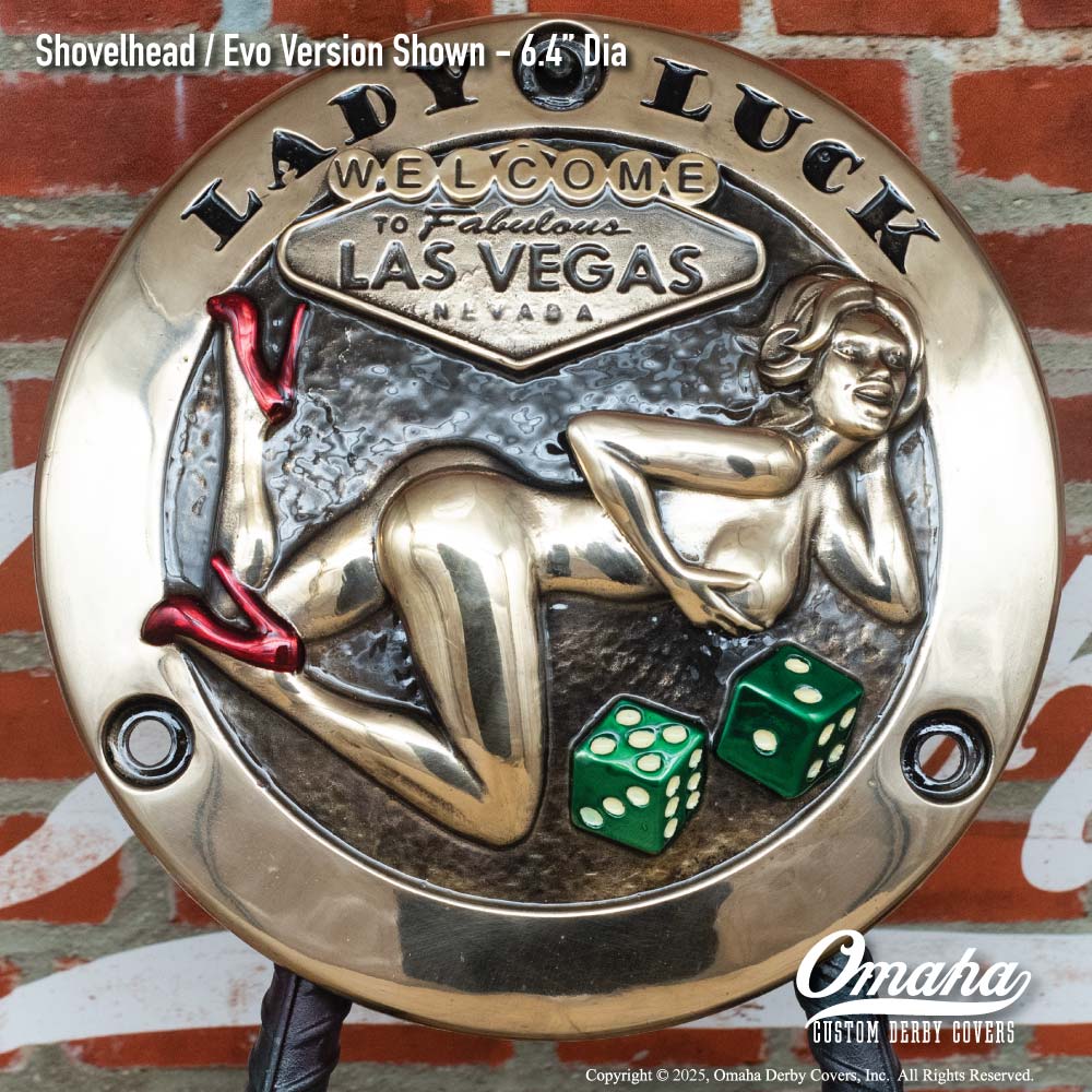 Custom derby cover for Harley-Davidson motorcycle with Las Vegas Lady Luck theme