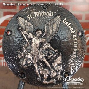 Custom derby cover for Harley-Davidson motorcycles with St Michael design