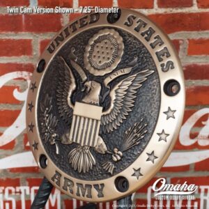 Custom sculpted bronze derby cover for Harley-Davidson motorcycle with US Army Insignia design