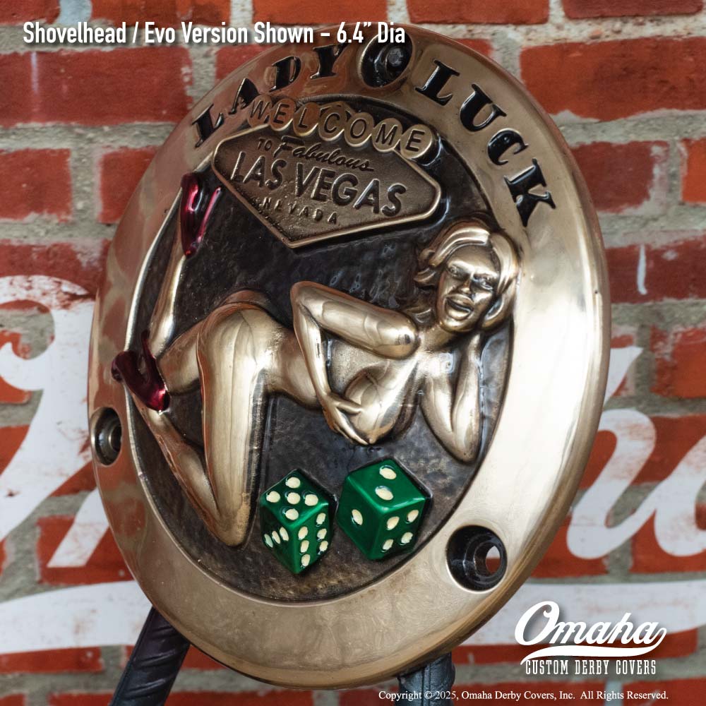 Custom derby cover for Harley-Davidson motorcycle with Las Vegas Lady Luck theme
