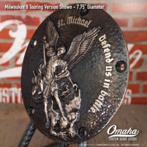 Custom derby cover for Harley-Davidson motorcycles with St Michael design