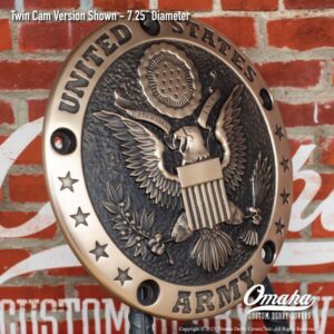 Custom sculpted bronze derby cover for Harley-Davidson motorcycle with US Army Insignia design