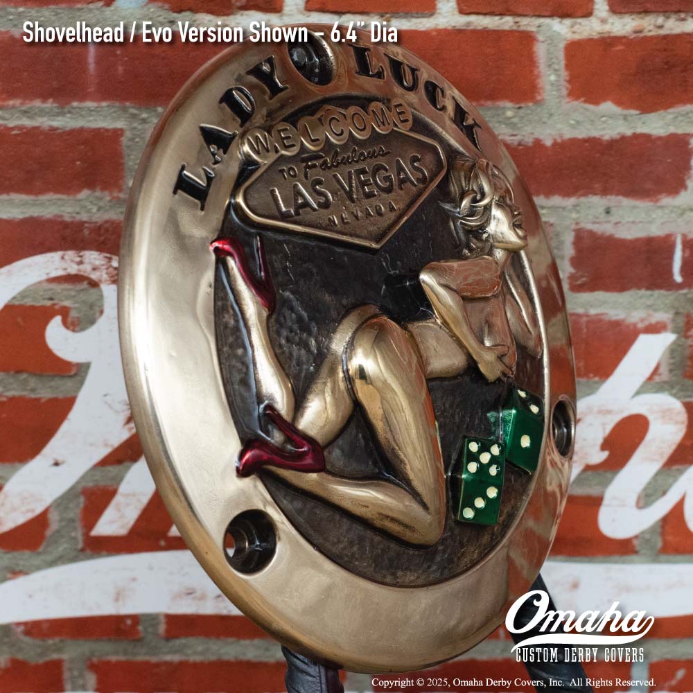 Custom derby cover for Harley-Davidson motorcycle with Las Vegas Lady Luck theme