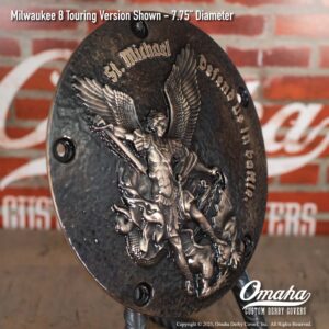 Custom derby cover for Harley-Davidson motorcycles with St Michael design