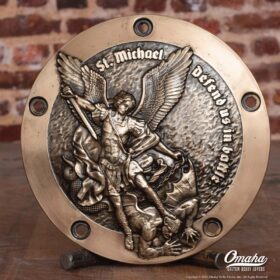 Custom derby cover for harley davidson motorcycles with sculpture of st michael defeating satan