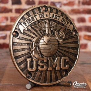 Custom derby cover for Harley Davidson with Marine Corps insignia, USMC lettering and 