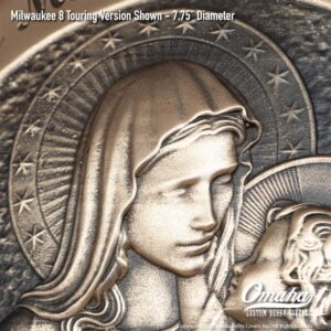 Custom bronze derby cover for Harley-Davidson motorcycle with custom sculpted Virgin Mary and Baby Jesus design