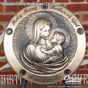 Custom bronze derby cover for Harley-Davidson motorcycle with custom sculpted Virgin Mary and Baby Jesus design