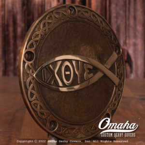 Photo of custom harley davidson derby cover with IXOYE Christian design