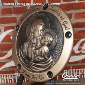 Custom bronze derby cover for Harley-Davidson motorcycle with custom sculpted Virgin Mary and Baby Jesus design