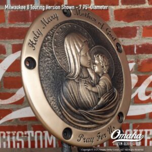 Custom bronze derby cover for Harley-Davidson motorcycle with custom sculpted Virgin Mary and Baby Jesus design