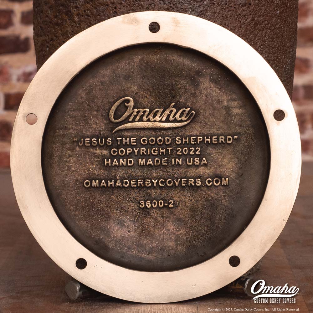 Custom Harley Davidson derby cover with Jesus the Good Shepherd design - Back view