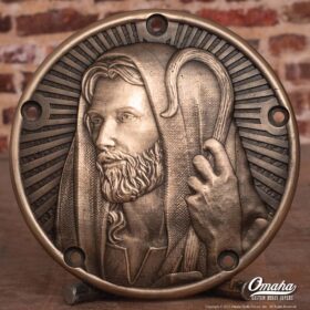 Custom Harley Davidson derby cover with Jesus the Good Shepherd design - Front view