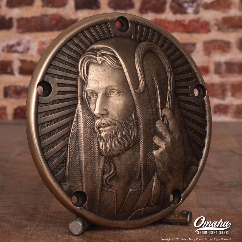 Custom Harley Davidson derby cover with Jesus the Good Shepherd design - Right View