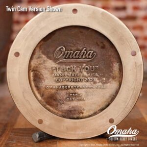 Custom derby cover for Harley Davidson motorcycles with Fuck You design