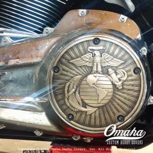 Custom derby cover with US Marine Corps logo installed on Harley Davidson motorcycle