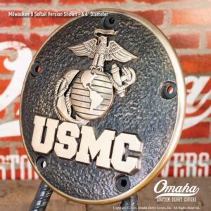 Custom derby cover for Harley-Davidson motorcycle with USMC design and Eagle-Globe-Anchor insignia