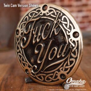 Custom derby cover for Harley Davidson motorcycles with Fuck You design