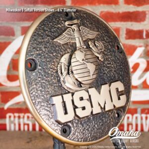 Custom derby cover for Harley-Davidson motorcycle with USMC design and Eagle-Globe-Anchor insignia