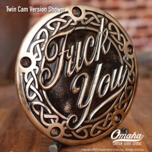 Custom derby cover for Harley Davidson motorcycles with Fuck You design