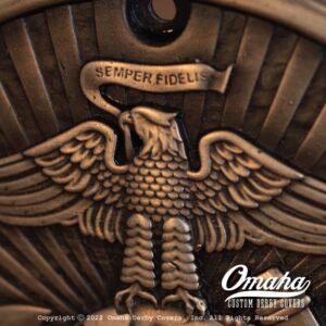 Custom derby cover with United States Marine Corps logo detail view