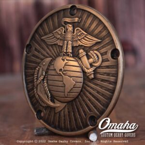 Custom derby cover with United States Marine Corps logo left view