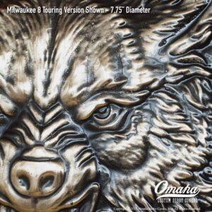 Custom derby cover for Harley-Davidson motorcycles with lone wolf design