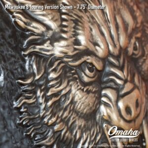 Custom derby cover for Harley-Davidson motorcycles with lone wolf design