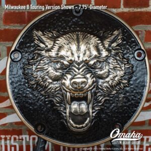 Custom derby cover for Harley-Davidson motorcycles with lone wolf design