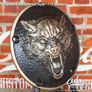Custom derby cover for Harley-Davidson motorcycles with lone wolf design