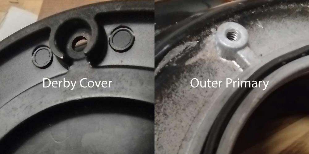 Detail views showing the alignment system on Harley Davidson Milwaukee 8 Softail derby covers