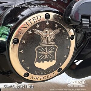 Custom derby cover with United States Air Force insignia mounted on a Harley-Davidson motorcycle