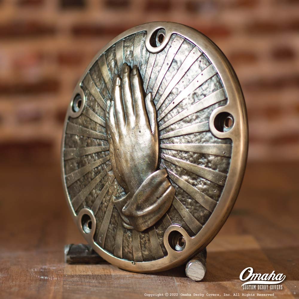 Harley Davidson Custom derby cover with praying hands sculpture -