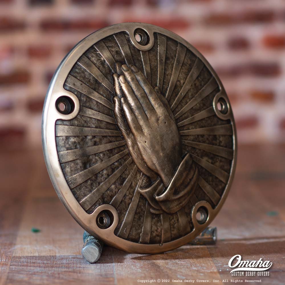 Harley Davidson Custom derby cover with praying hands sculpture -