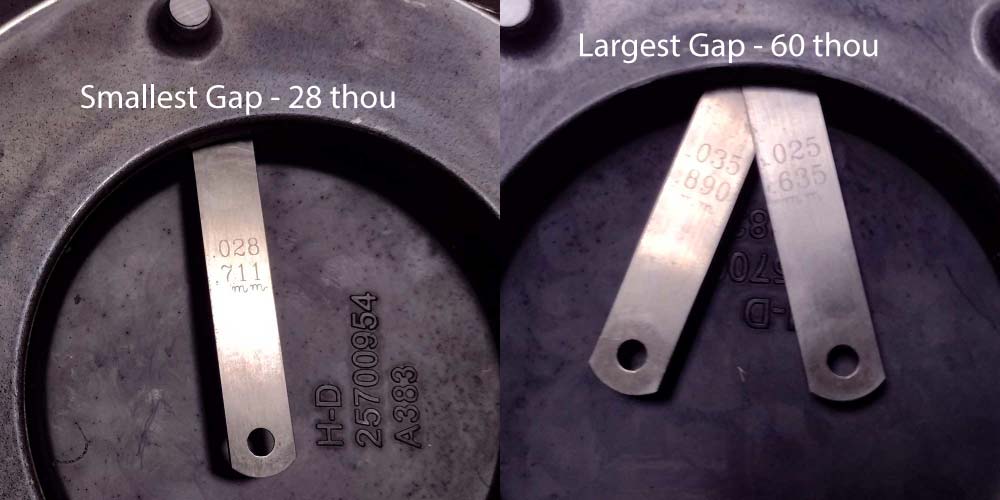Measuring the gap between the outer primary and derby cover on a Harley Davidson Milwaukee 8 Softail motorcycle