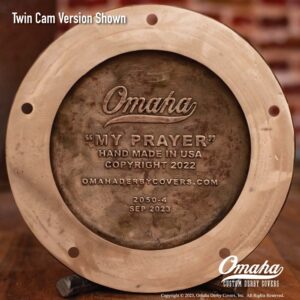 Custom Derby cover for harley davidson motorcycle with Christian cross and praying hands